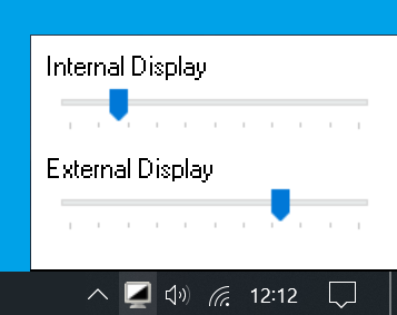 Screenshot showing the application icon in the notification area, and a pop-up window with per-monitor brightness adjustment sliders
